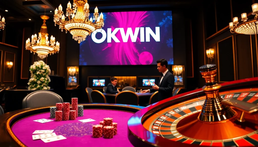 Players celebrating winning at OKWIN casino tables with vibrant poker chips and cards.