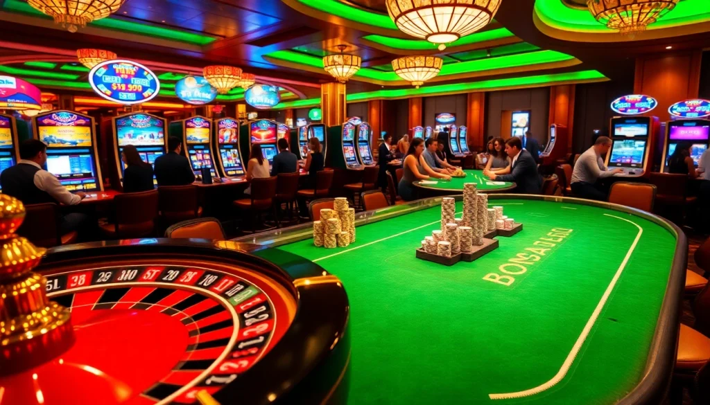 Bongdalu gambling scene with poker tables, slot machines, and a roulette wheel in a vibrant casino atmosphere.