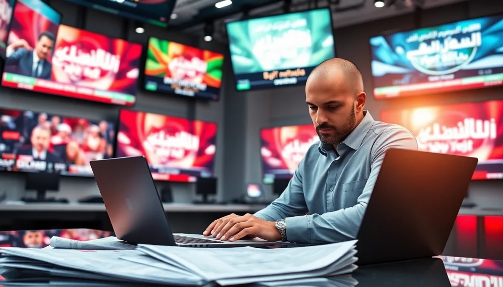 Cover live news updates at https://saudiwadi.com with a focused journalist in a modern newsroom.