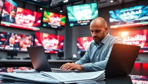 Cover live news updates at https://saudiwadi.com with a focused journalist in a modern newsroom.