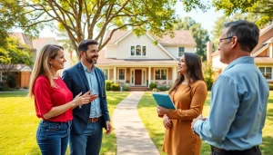 Highlighting Real Estate potential with an agent at a family home in a sunny neighborhood.