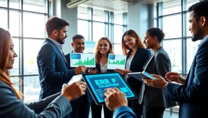 Business professionals collaborating using Logo ERP software in a modern office setting.