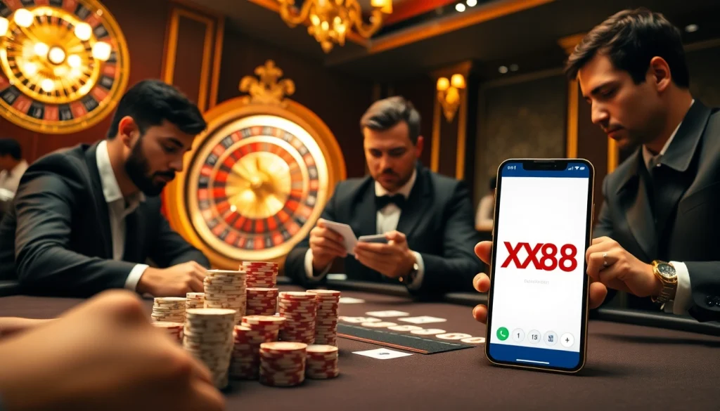 Intensely engaging poker game featuring players at a table with XX88 branding and a luxurious casino atmosphere.