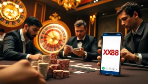 Intensely engaging poker game featuring players at a table with XX88 branding and a luxurious casino atmosphere.