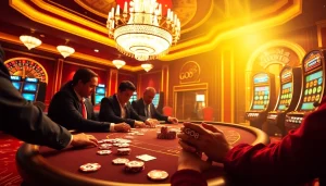 Engaged players strategizing at a GO8-themed casino table with vibrant gaming ambiance.