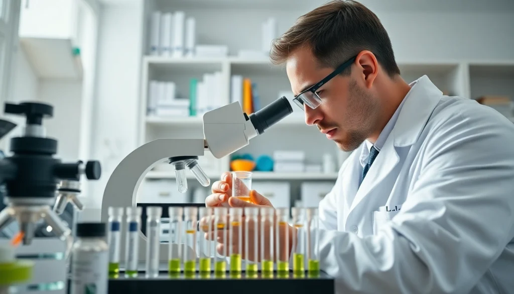 Analyzing high purity peptides in a laboratory, showcasing sleek equipment and a professional setting.