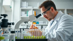 Analyzing high purity peptides in a laboratory, showcasing sleek equipment and a professional setting.