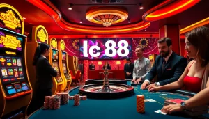 Experience the thrill of gambling with lc 88-inspired casino visuals featuring vibrant slot machines and roulette.