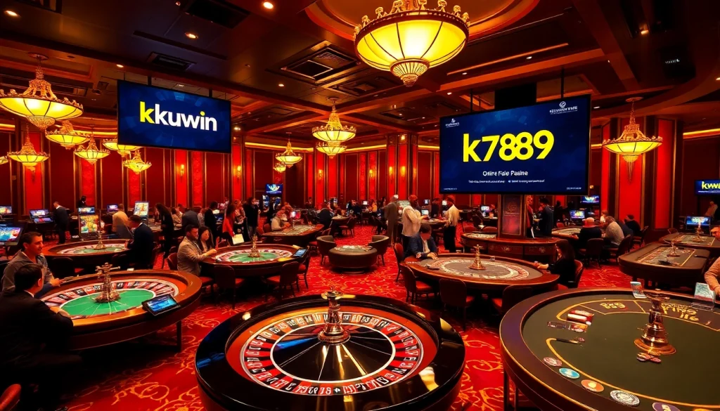 Kuwin 789 gamblers engage in action at a vibrant casino, thrilling bets and games abound.