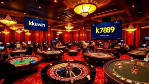 Kuwin 789 gamblers engage in action at a vibrant casino, thrilling bets and games abound.