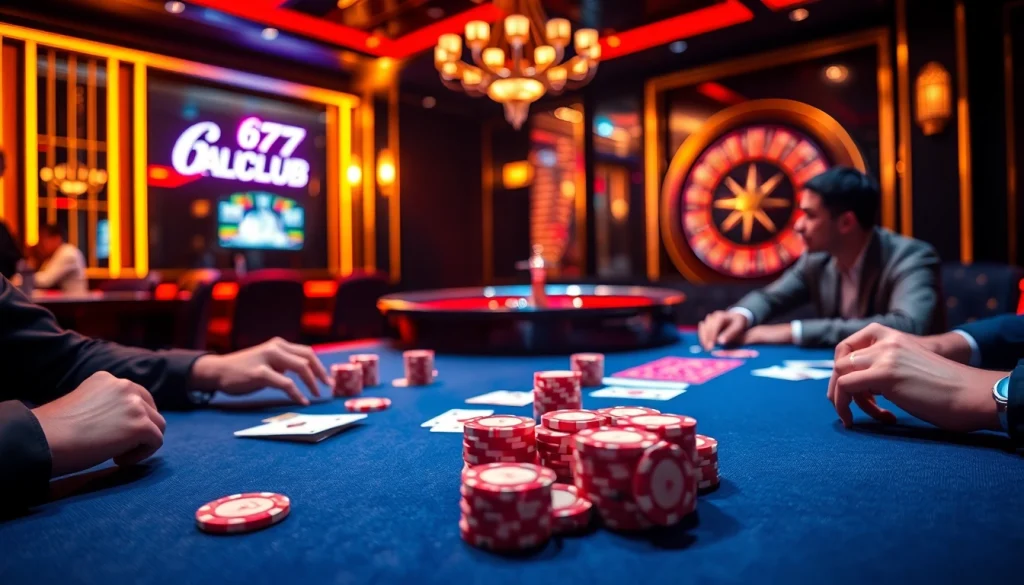 Players competing at a poker table at the 6L777 CLUB, showcasing excitement and strategy.