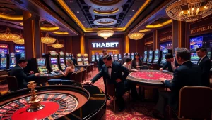 A dynamic casino scene at THABET featuring excited players betting on roulette and cards.