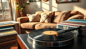 Engaging collection of vinyl records with a cozy turntable in a vintage-inspired living room.