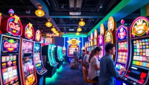 Menggambarkan sensasi bermain petanitoto dengan mesin slot yang berwarna-warni dan pemain yang bersemangat.