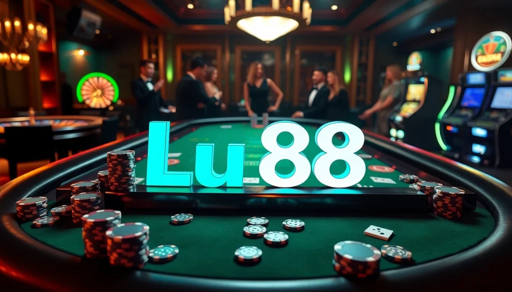 Experience a thrilling game of poker at Lu88 casino with vibrant chips and cards.