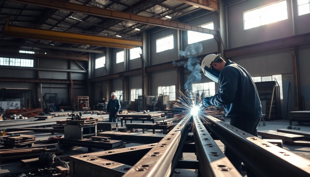 Workers engaging in structural steel fabrication with precision tools in an industrial setting.