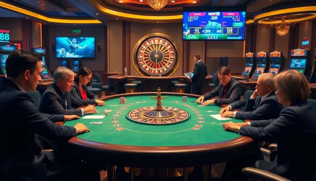 Players strategizing at a new88 poker table with bright chips and vibrant casino ambiance.
