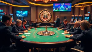 Players strategizing at a new88 poker table with bright chips and vibrant casino ambiance.