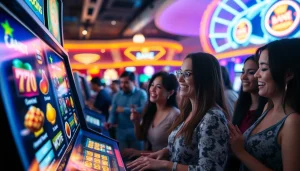 Petani toto bermain dengan antusias di mesin slot digital yang cerah.