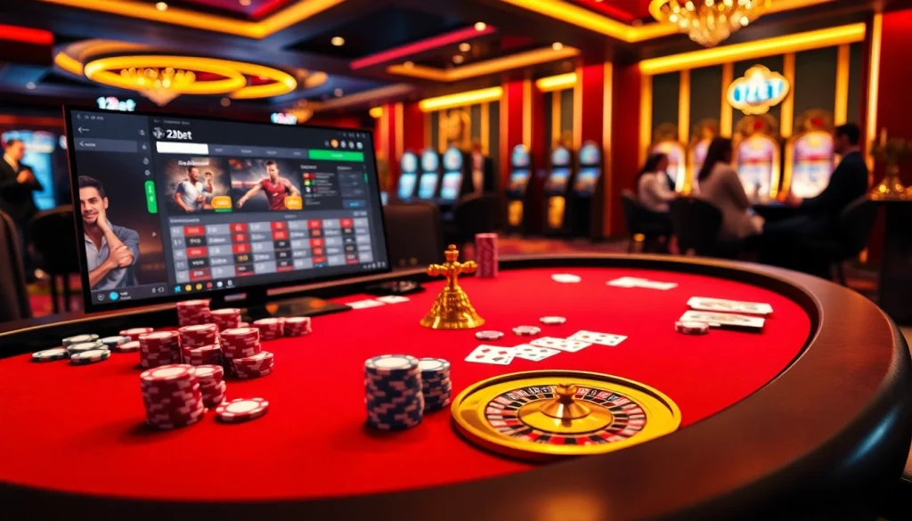 Experience the excitement of 12bet with vibrant casino elements like poker chips and roulette wheels.