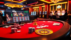 Experience the excitement of 12bet with vibrant casino elements like poker chips and roulette wheels.
