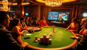 Exciting casino scene featuring players at 32win 32 blackjack table, vibrant atmosphere.