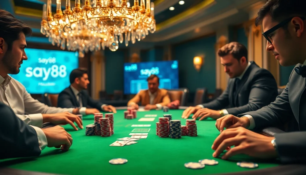 Players strategy at the say88 poker table with vibrant chips and cards.