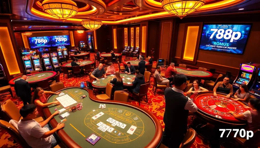 Players enjoying thrilling games at 789p casino, surrounded by vibrant decor and prizes.