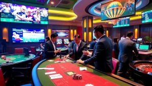 Thể Thao KG88 sports betting scene with vibrant casino tables and live event screens.