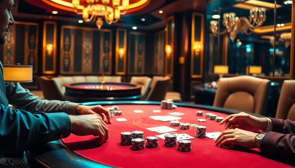 Experience the thrill of qq88 at a poker table with players in a luxurious casino setting.