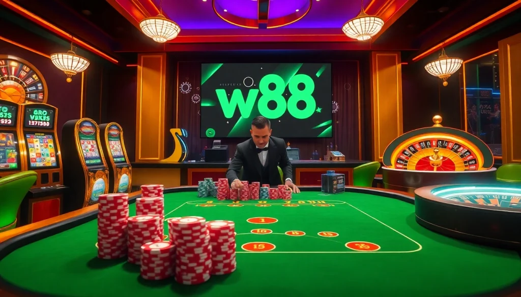Niềm kích thích của trò chơi trực tuyến với liên kết W88 sống động, thể hiện bầu không khí casino sang trọng