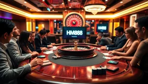 Players enjoying a vibrant poker game at HM88 casino with colorful chips and cards.