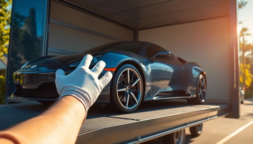 Safely loading an exotic car into an enclosed trailer for transport by https://luxuryautocarriers.com.