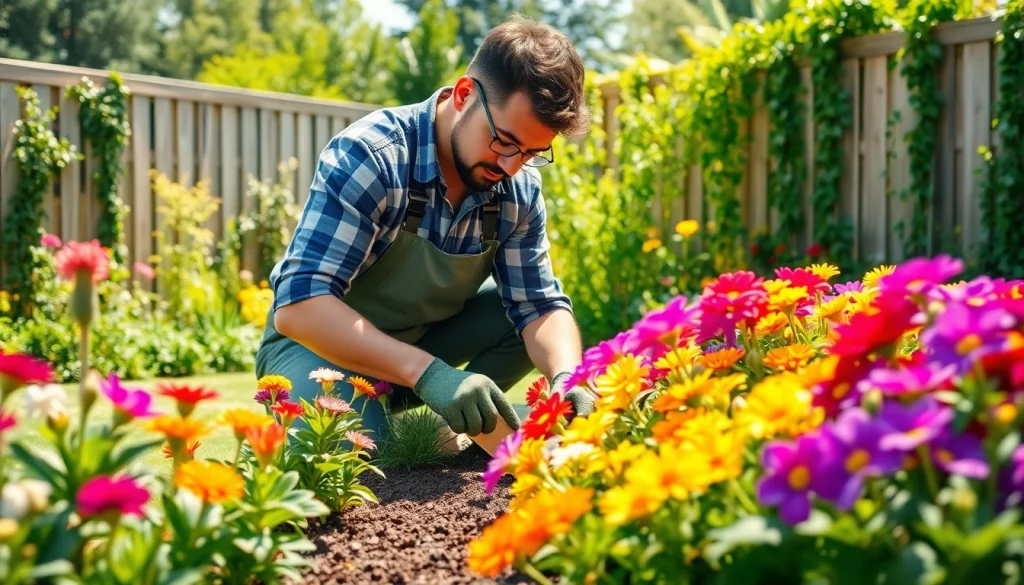 Gardening expert nurturing colorful flowers in a sunlit garden setting.