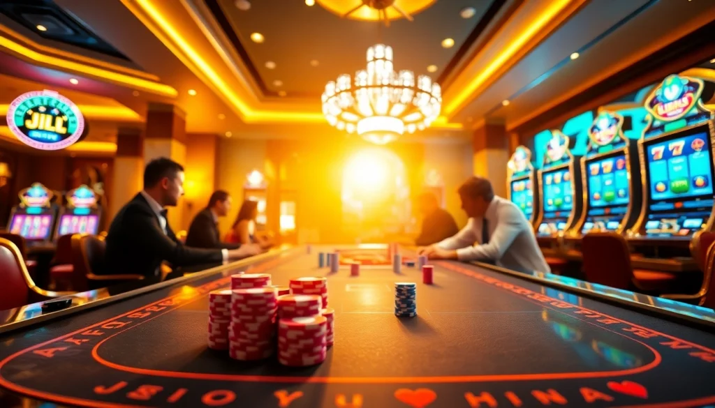 JILI gaming table with vibrant chips and slot machines creating an exciting casino atmosphere.