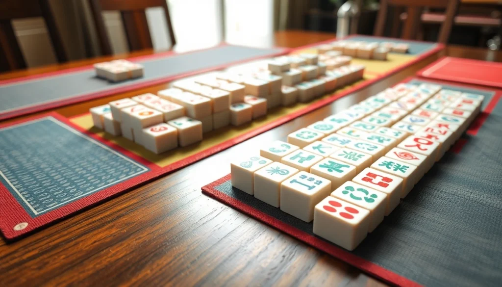 Mahjong terletak rapi di atas meja kayu dengan tampilan detail yang menarik.