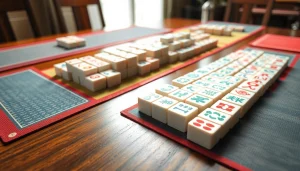 Mahjong terletak rapi di atas meja kayu dengan tampilan detail yang menarik.