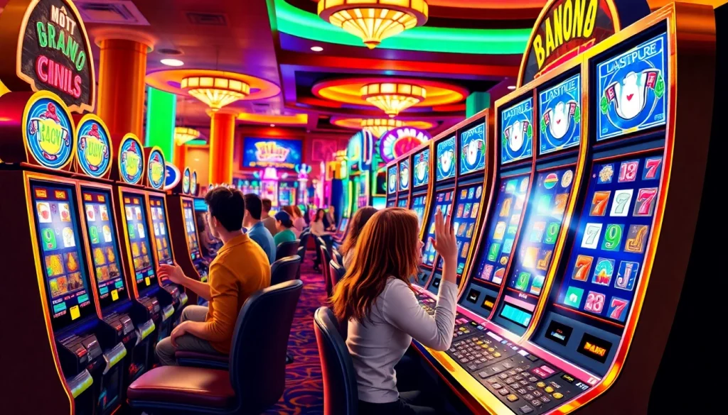 petani toto bermain mesin slot di kasino dengan banyak lampu berkilau