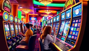 petani toto bermain mesin slot di kasino dengan banyak lampu berkilau