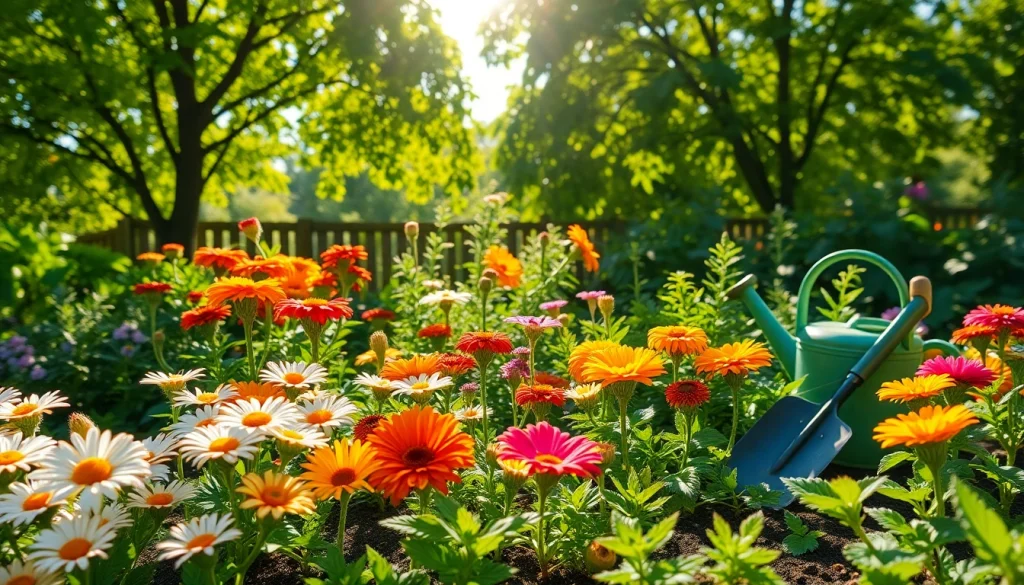Engaging in gardening with a vibrant array of flowers, tools, and natural sunlight.