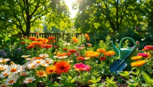 Engaging in gardening with a vibrant array of flowers, tools, and natural sunlight.