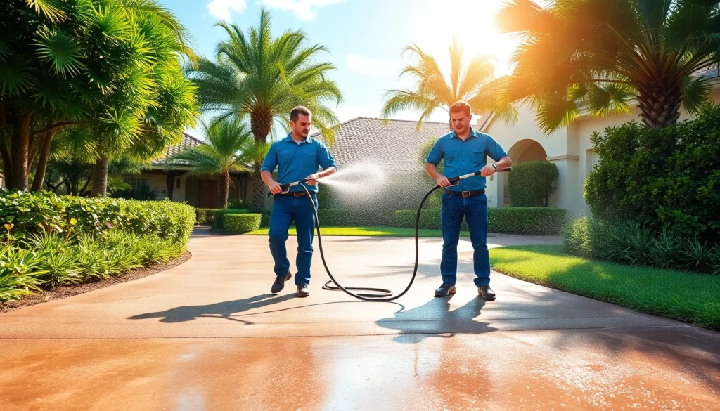 Pressure wash technicians expertly cleaning a driveway in Kissimmee, showcasing professional exterior cleaning services.