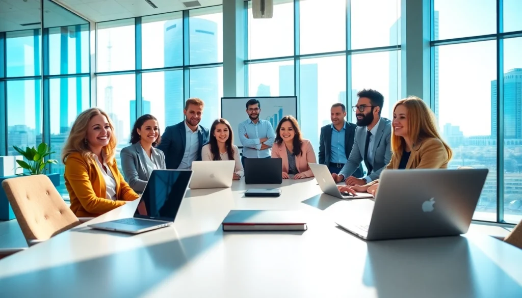 Business professionals collaborating in a modern office setting, showcasing teamwork and innovation.