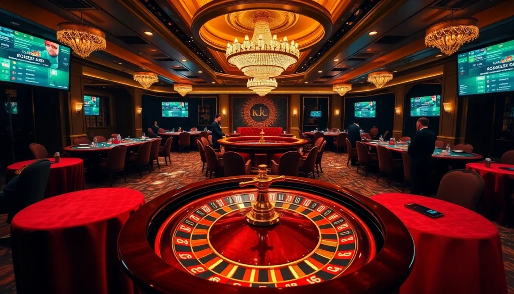 KJC's luxurious online gambling scene with vibrant tables and elite casino elements.