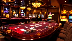 GG88 casino table filled with chips and cards, showcasing an exciting poker game atmosphere.