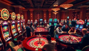 Enjoying a thrilling moment at https://789win.apartments/ with vibrant slot machines and excited players.