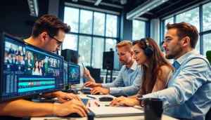 Professional video editors collaborating in a bright studio, focused on video editing tasks.