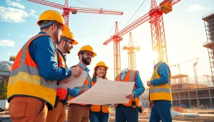 Construction association Colorado professionals collaborating on a project site with detailed blueprints.