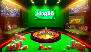 Experience the excitement of online gambling on trang chủ king88 with vibrant roulette and poker tables.
