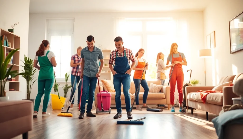 Cleaning service team efficiently organizing and cleaning a bright home environment.